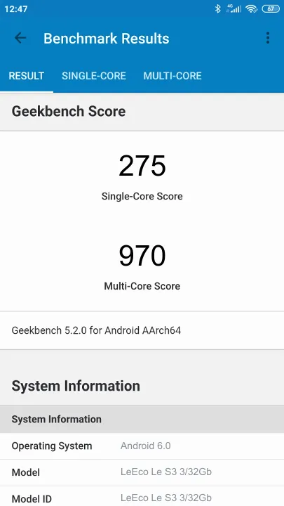 Pontuações do LeEco Le S3 3/32Gb Geekbench Benchmark