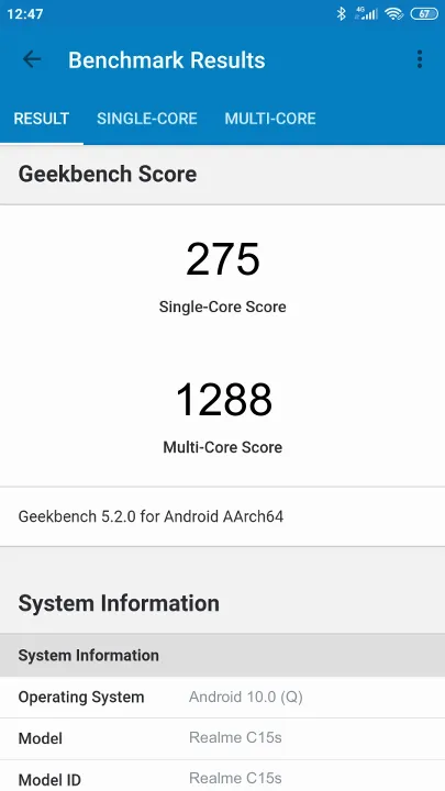 Pontuações do Realme C15s Geekbench Benchmark