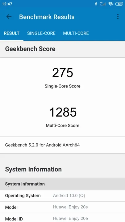 Huawei Enjoy 20e poeng for Geekbench-referanse