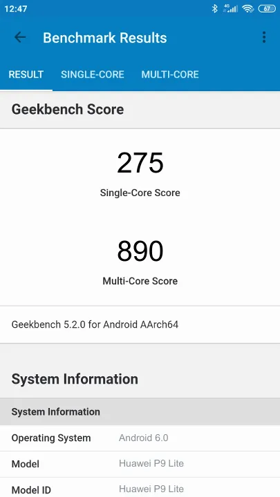 Huawei P9 Lite Geekbench Benchmark-Ergebnisse