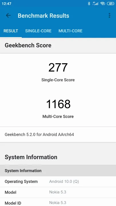 Wyniki testu Nokia 5.3 Geekbench Benchmark