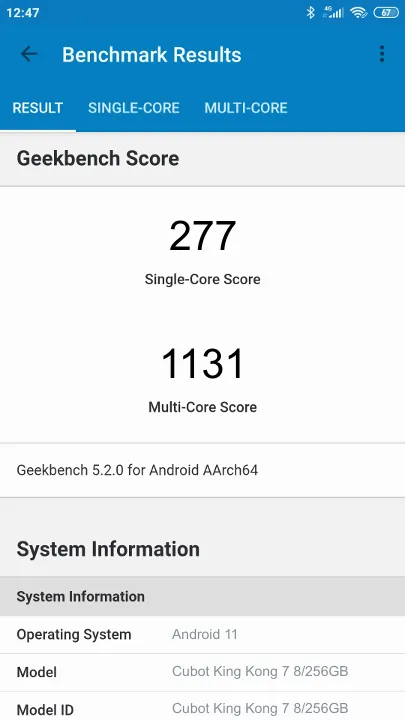 Βαθμολογία Cubot King Kong 7 8/256GB Geekbench Benchmark