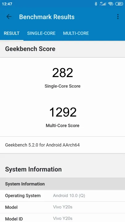 Vivo Y20s Geekbench benchmark score results