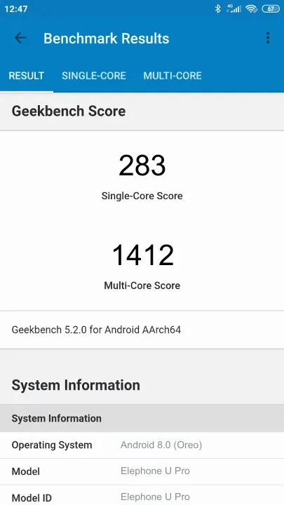 Wyniki testu Elephone U Pro Geekbench Benchmark