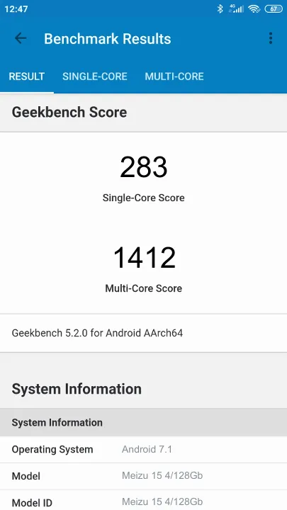 Meizu 15 4/128Gb Geekbench benchmark: classement et résultats scores de tests