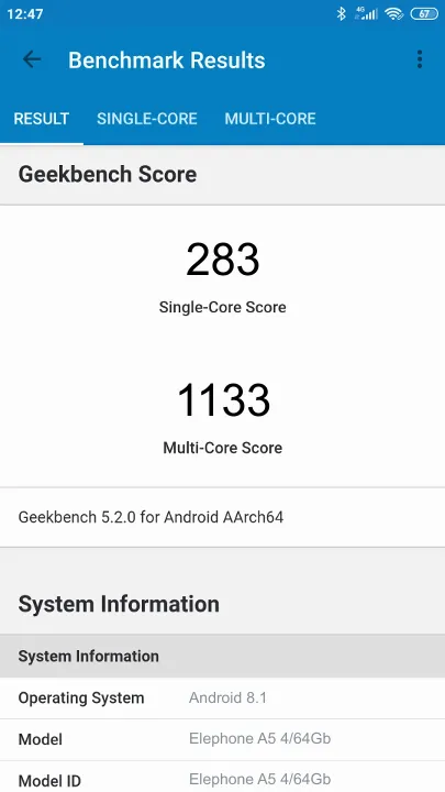 Elephone A5 4/64Gb poeng for Geekbench-referanse
