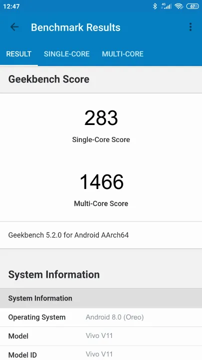Vivo V11的Geekbench Benchmark测试得分