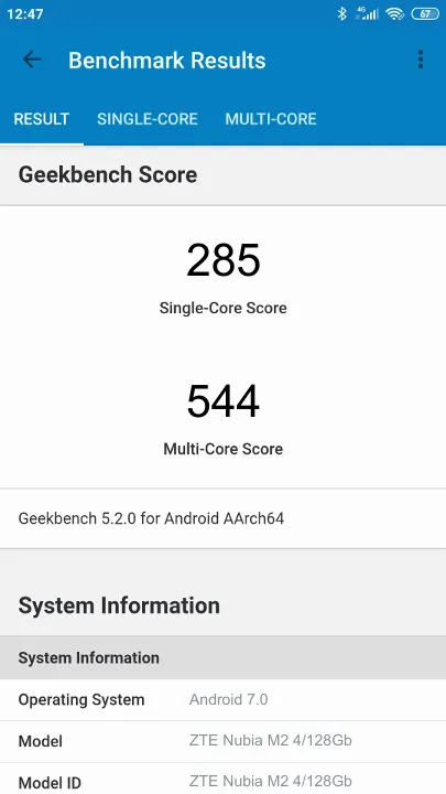 ZTE Nubia M2 4/128Gb的Geekbench Benchmark测试得分