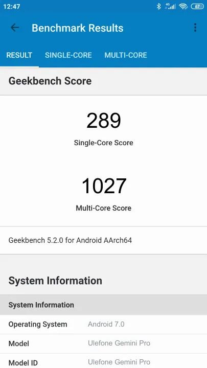 Pontuações do Ulefone Gemini Pro Geekbench Benchmark