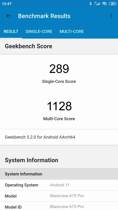 Blackview A70 Pro的Geekbench Benchmark测试得分
