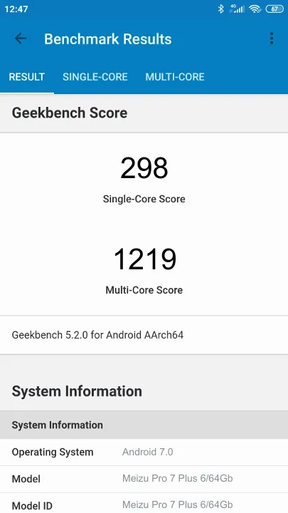Βαθμολογία Meizu Pro 7 Plus 6/64Gb Geekbench Benchmark