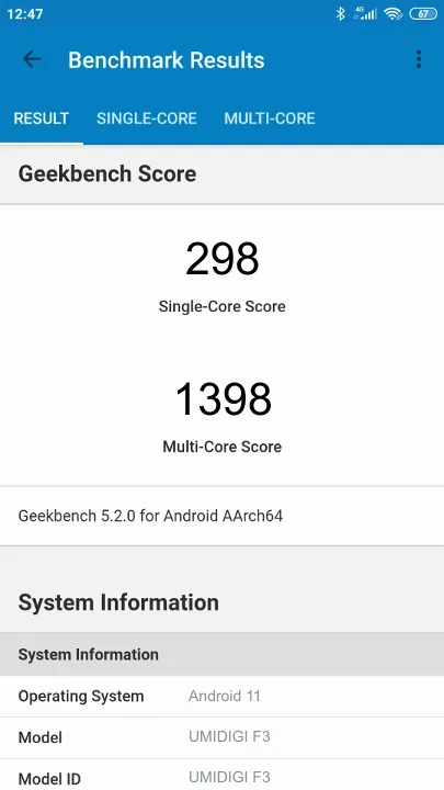 UMIDIGI F3 Geekbench benchmarkresultat-poäng