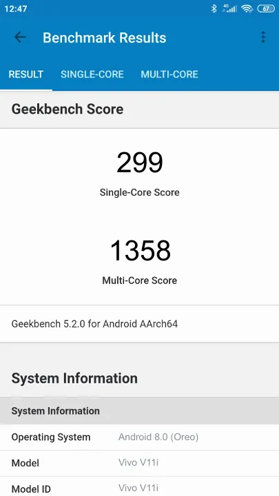 Vivo V11i Geekbench benchmark score results