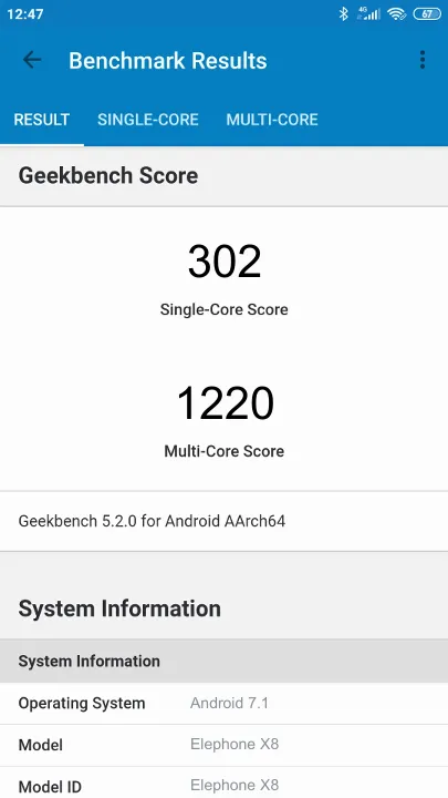 Βαθμολογία Elephone X8 Geekbench Benchmark