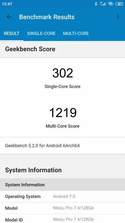 Βαθμολογία Meizu Pro 7 4/128Gb Geekbench Benchmark
