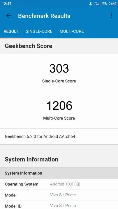 Vivo S1 Prime Geekbench benchmarkresultat-poäng