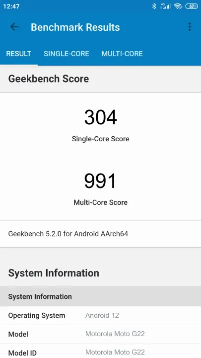 Motorola Moto G22 4/64GB poeng for Geekbench-referanse