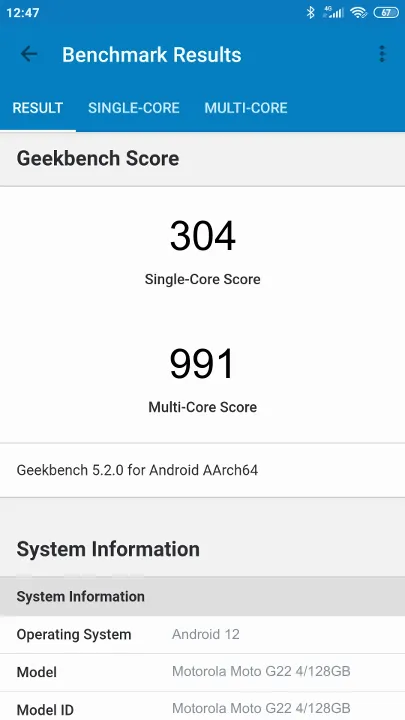 Motorola Moto G22 4/128GB Geekbench benchmark score results