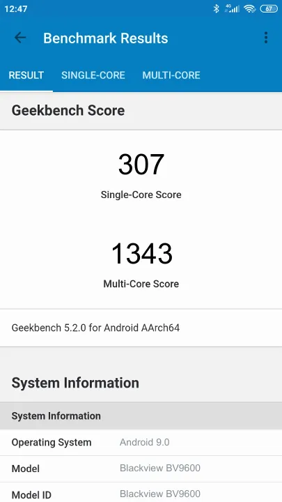 Blackview BV9600 Geekbench benchmark score results