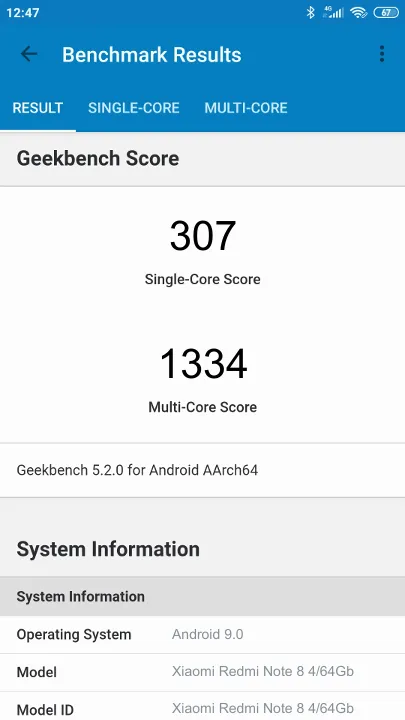 نتائج اختبار Xiaomi Redmi Note 8 4/64Gb Geekbench المعيارية