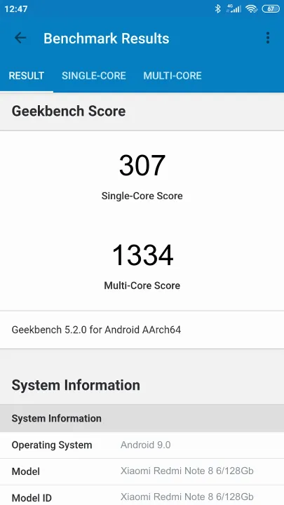 نتائج اختبار Xiaomi Redmi Note 8 6/128Gb Geekbench المعيارية