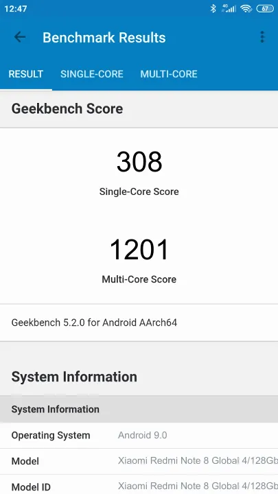 Xiaomi Redmi Note 8 Global 4/128Gb Geekbench benchmark score results