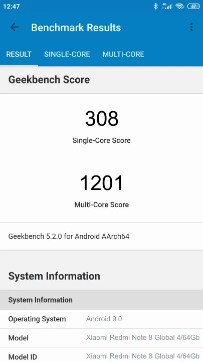 Pontuações do Xiaomi Redmi Note 8 Global 4/64Gb Geekbench Benchmark