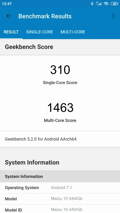 Punteggi Meizu 15 4/64Gb Geekbench Benchmark