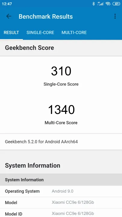 Punteggi Xiaomi CC9e 6/128Gb Geekbench Benchmark