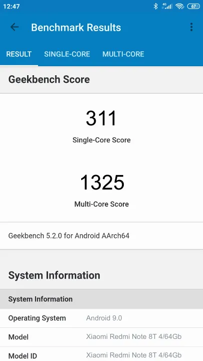 Wyniki testu Xiaomi Redmi Note 8T 4/64Gb Geekbench Benchmark