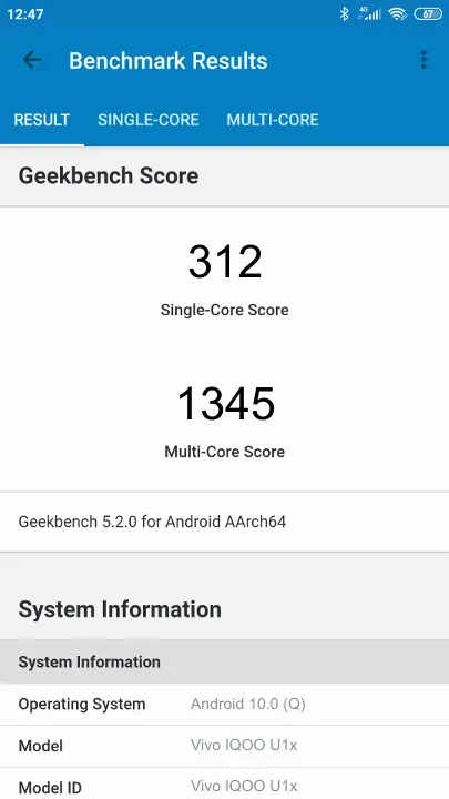 Wyniki testu Vivo IQOO U1x Geekbench Benchmark