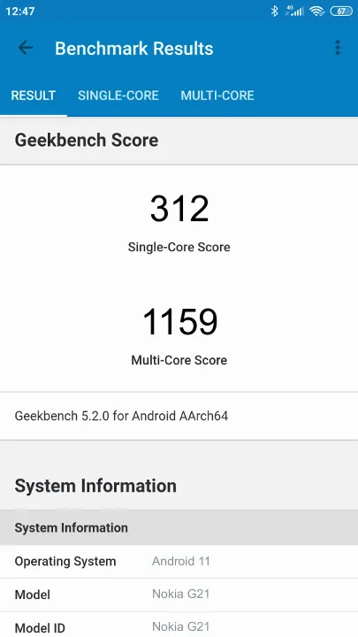Pontuações do Nokia G21 Geekbench Benchmark