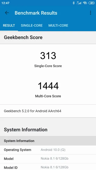 Pontuações do Nokia 8.1 6/128Gb Geekbench Benchmark