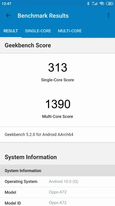 Wyniki testu Oppo A72 Geekbench Benchmark