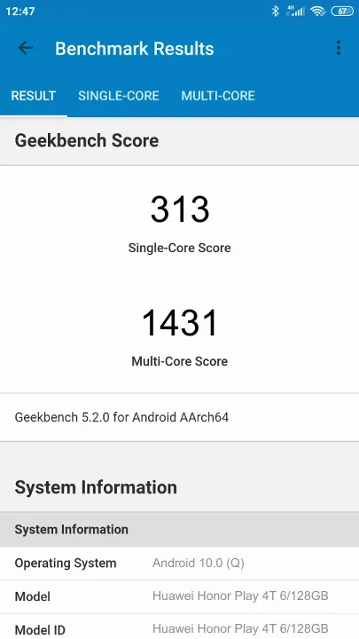 Wyniki testu Huawei Honor Play 4T 6/128GB Geekbench Benchmark