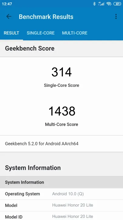 Huawei Honor 20 Lite Geekbench benchmark: classement et résultats scores de tests