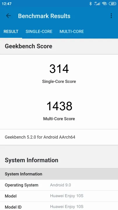 Wyniki testu Huawei Enjoy 10S Geekbench Benchmark
