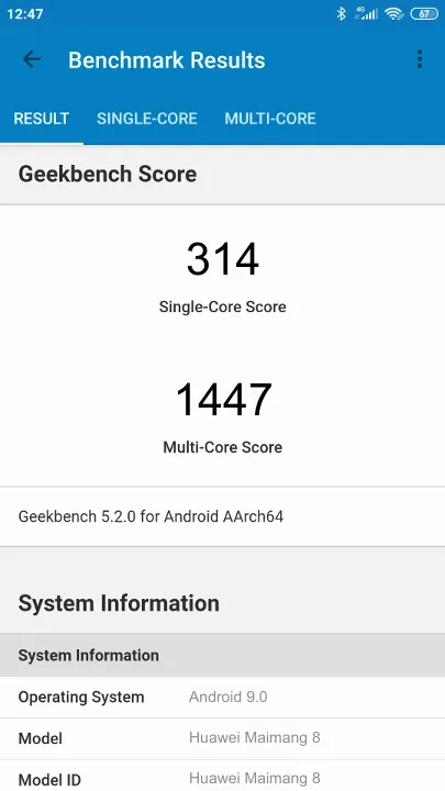 Wyniki testu Huawei Maimang 8 Geekbench Benchmark