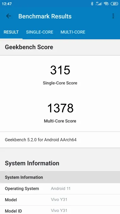Vivo Y31 תוצאות ציון מידוד Geekbench