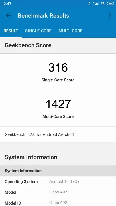 Oppo A92 Geekbench benchmark score results