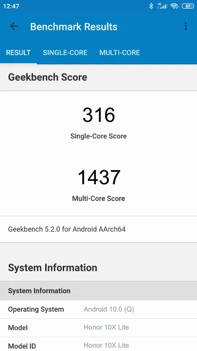 Honor 10X Lite的Geekbench Benchmark测试得分