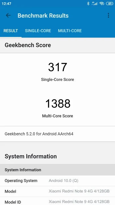 Punteggi Xiaomi Redmi Note 9 4G 4/128GB Geekbench Benchmark