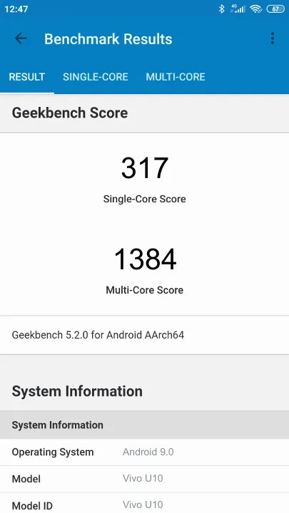 Vivo U10 Geekbench benchmarkresultat-poäng