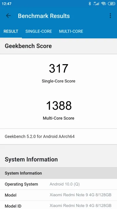 Xiaomi Redmi Note 9 4G 8/128GB Geekbench benchmark score results
