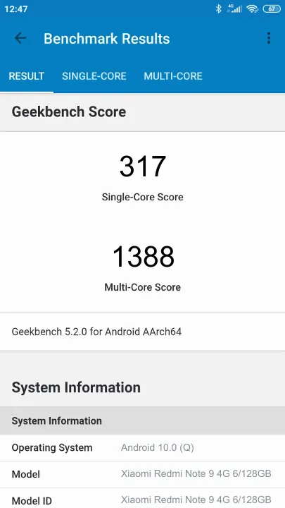 Wyniki testu Xiaomi Redmi Note 9 4G 6/128GB Geekbench Benchmark