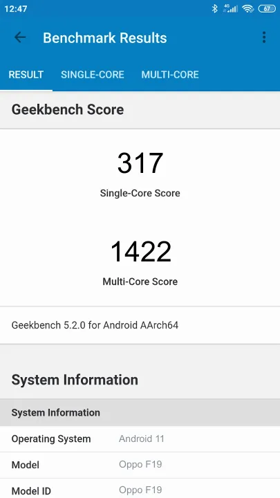 نتائج اختبار Oppo F19 Geekbench المعيارية