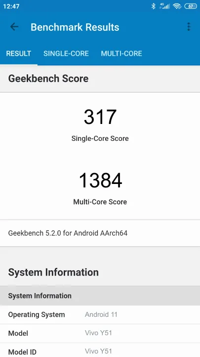Vivo Y51 Geekbench benchmark score results