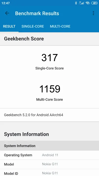 Pontuações do Nokia G11 Geekbench Benchmark