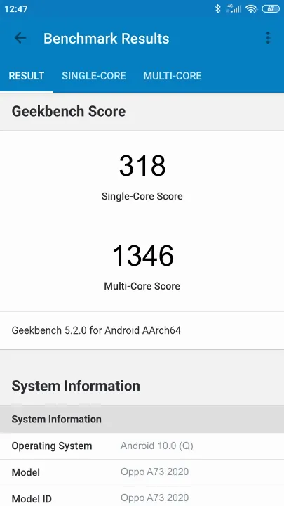 Oppo A73 2020 Geekbench benchmark score results