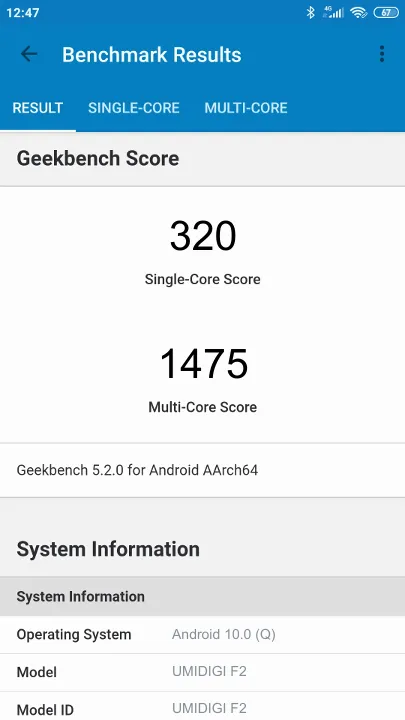 Βαθμολογία UMIDIGI F2 Geekbench Benchmark